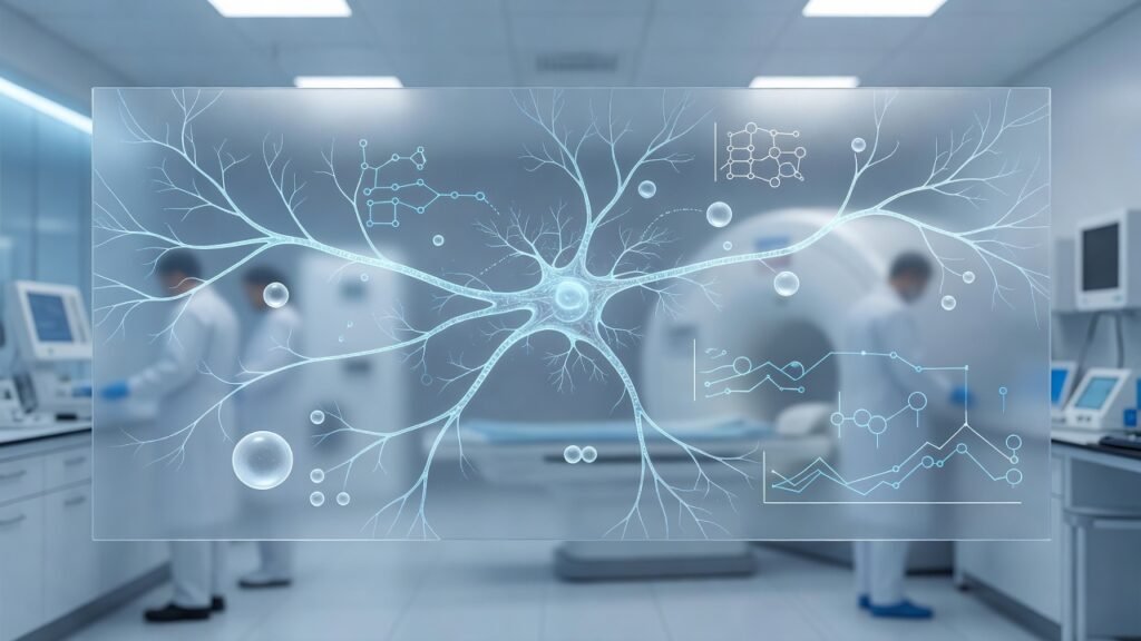 Atmospheric clinical neuroscience illustration related to Plasma Biomarkers for Alzheimer's Diagnosis. No patient or physician identity depicted.