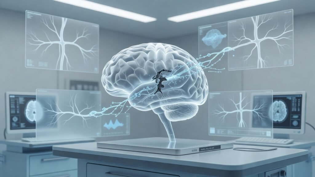 Atmospheric clinical neuroscience illustration related to Tenecteplase for Acute Ischemic Stroke Thrombolysis. No patient or physician identity depicted.