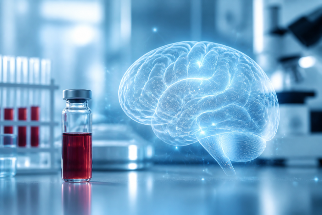 Atmospheric clinical neuroscience illustration of Alzheimer blood biomarkers. No patient or physician identity.