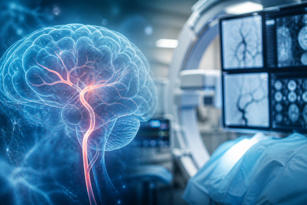 Atmospheric clinical neuroscience illustration of stroke reperfusion. No patient or physician identity.
