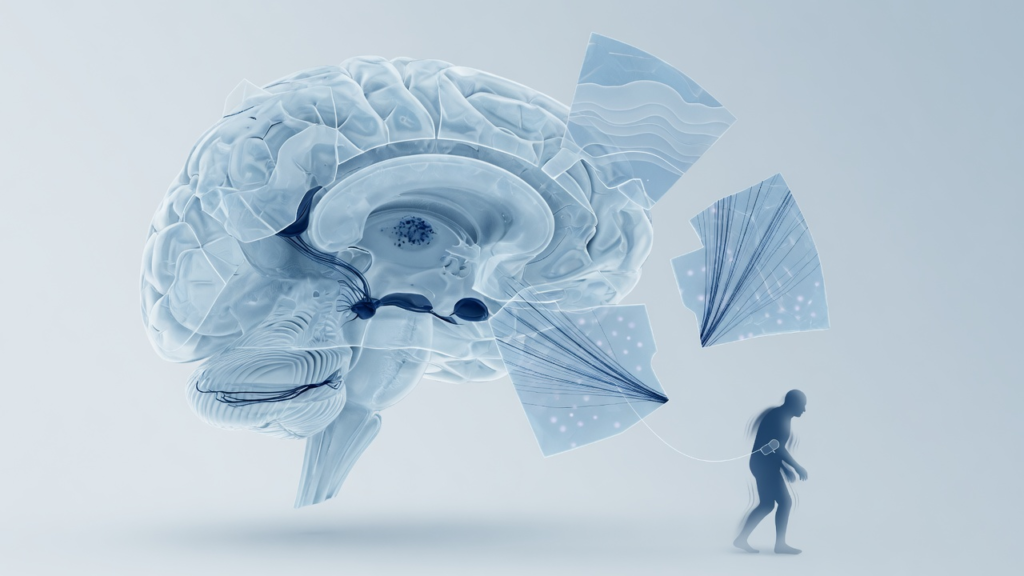 Frozen Breeze editorial illustration for: A multimodal consensus parcellation of the human brainstem and its applications in Parkinsonu2019s disease. AI-generated; not a diagnostic scan.