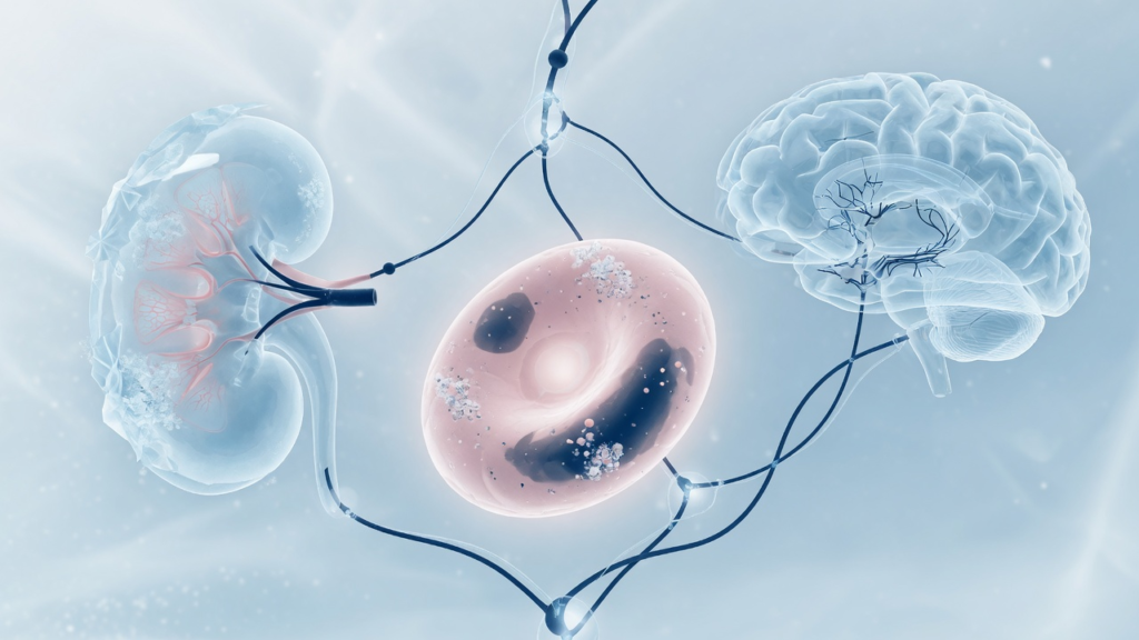 Frozen Breeze editorial illustration for: Kidney-inflammation-erythrocyte framework for Parkinson disease risk prediction and progression assessment. AI-generated; not a diagnostic scan. u062au0635u0648u06ccu0631u06cc u062eu0627u06a9u06c1u060c u062au0634u062eu06ccu0635u06cc u0627u0633u06a9u06ccu0646 u0646u06c1u06ccu06ba