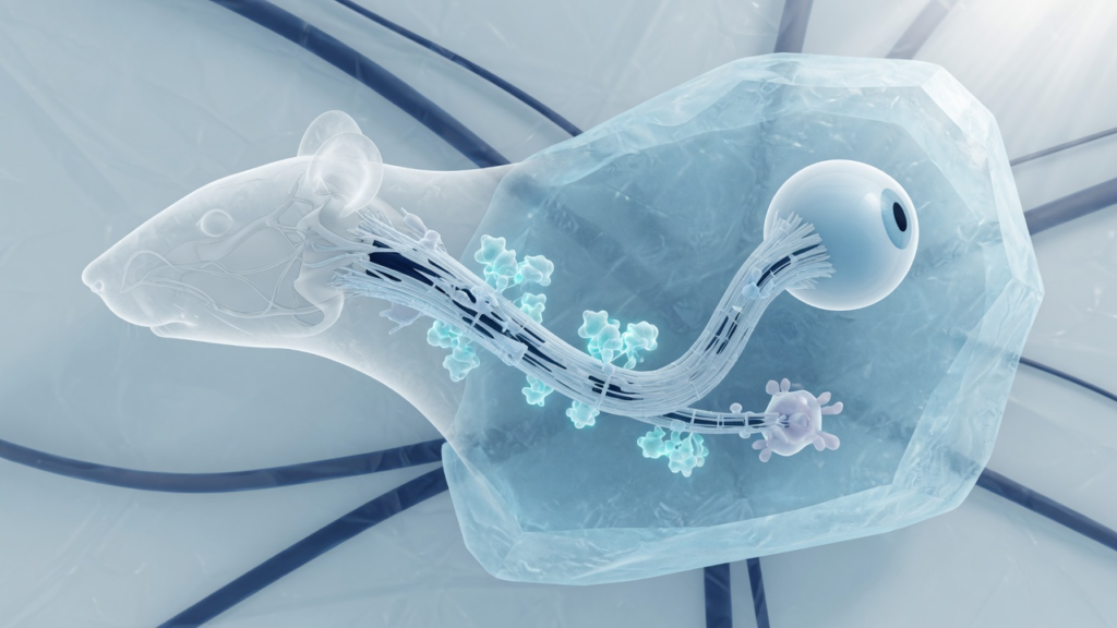 Frozen Breeze editorial illustration for: Metformin shows neuroprotective effect in experimental optic neuritis in rats. AI-generated; not a diagnostic scan.