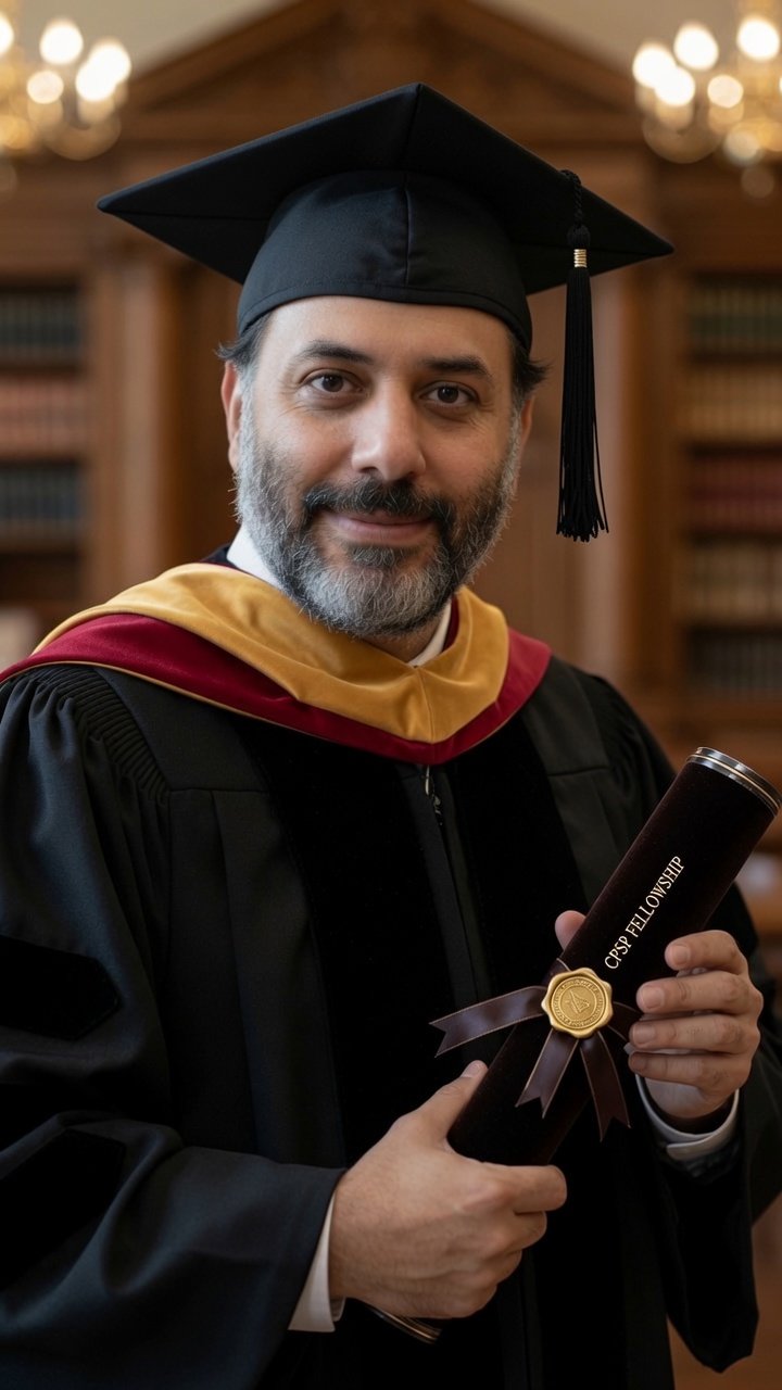 Dr. Wasif Rizwan Malik in academic regalia holding the CPSP Fellowship diploma