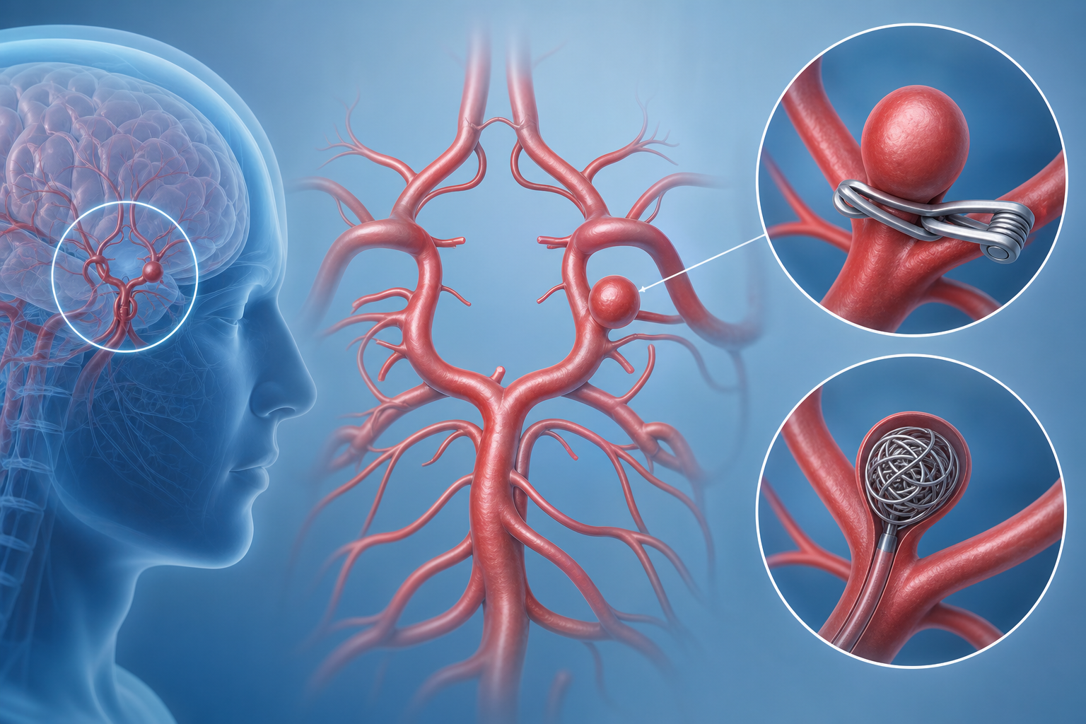 Educational illustration of cerebral aneurysm with clip or coil concept