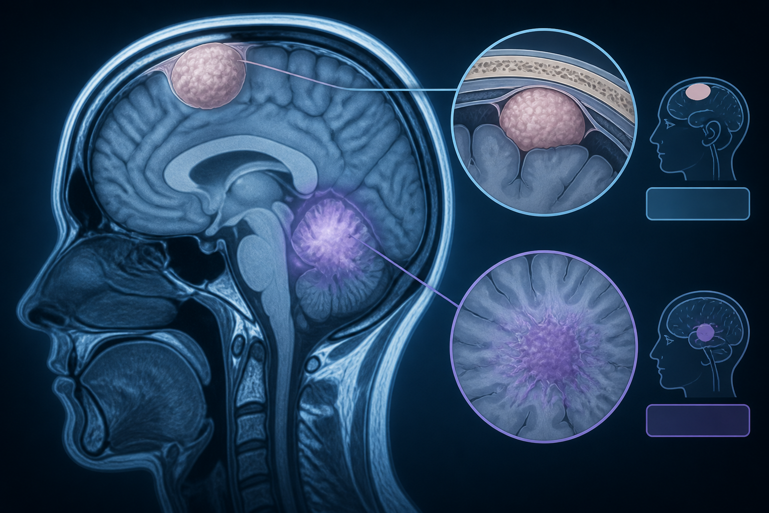 Educational illustration of brain tumour types meningioma and glioma concept