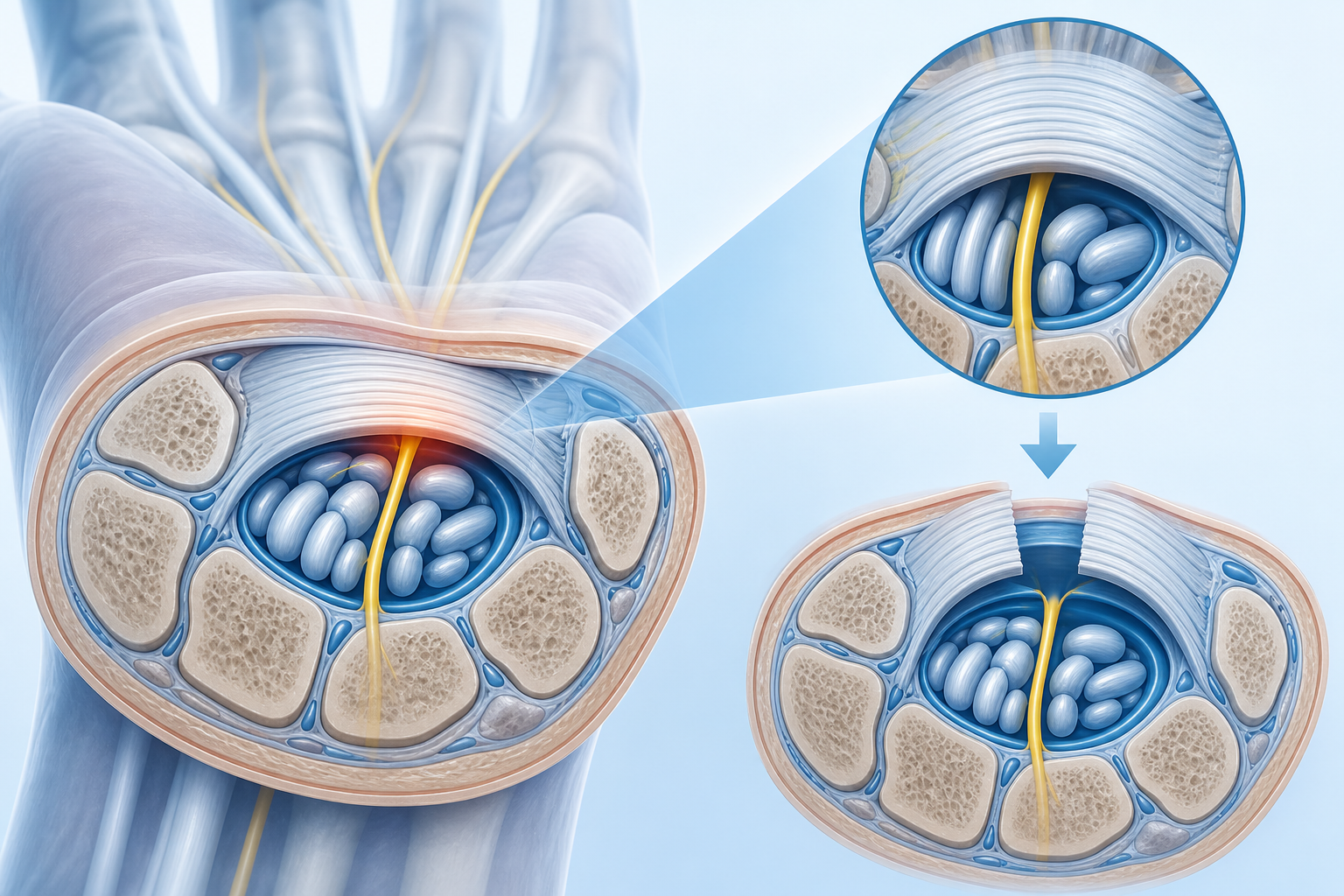Educational illustration of carpal tunnel median nerve decompression
