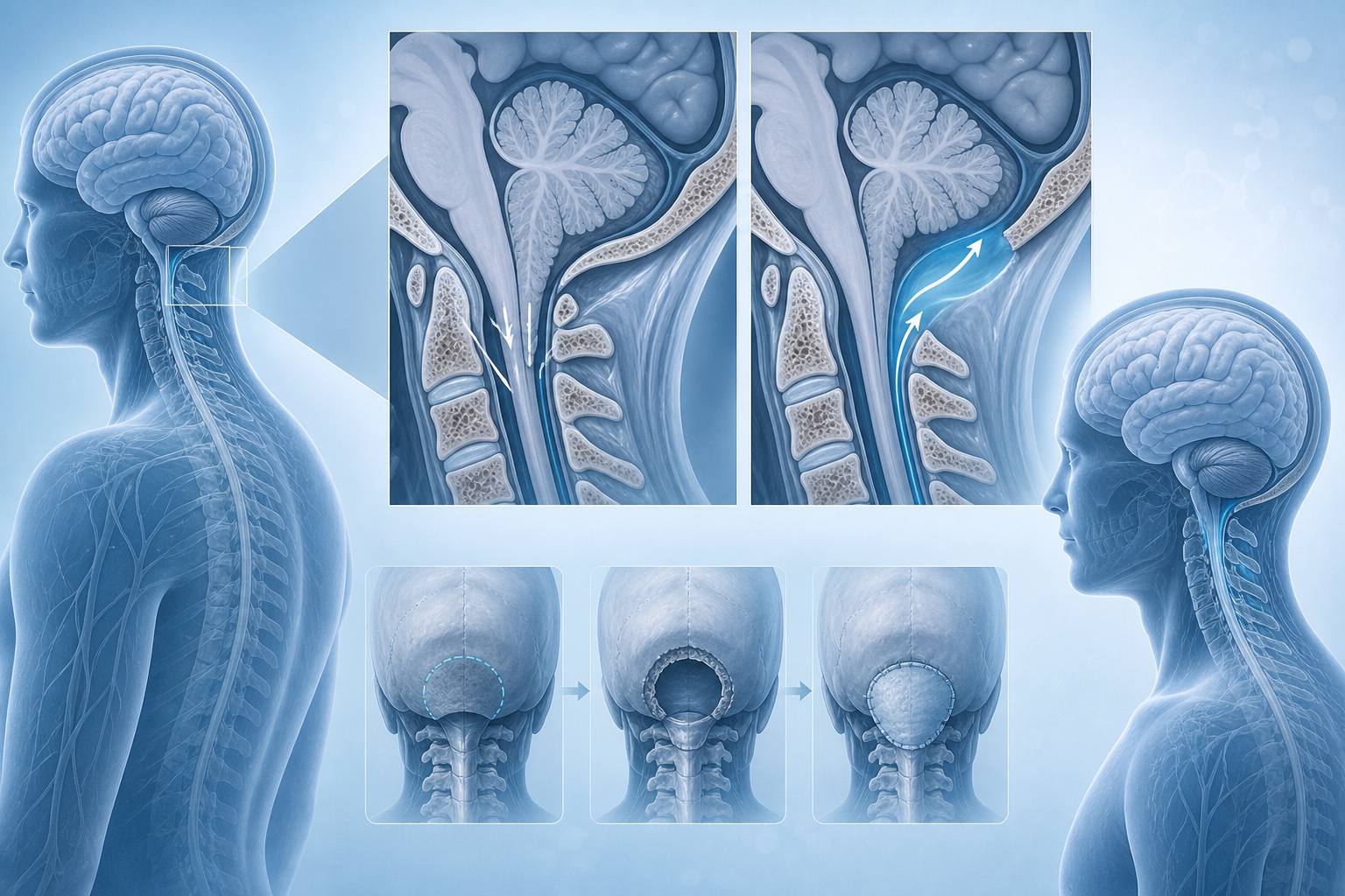 Educational illustration of Chiari type I and posterior fossa decompression