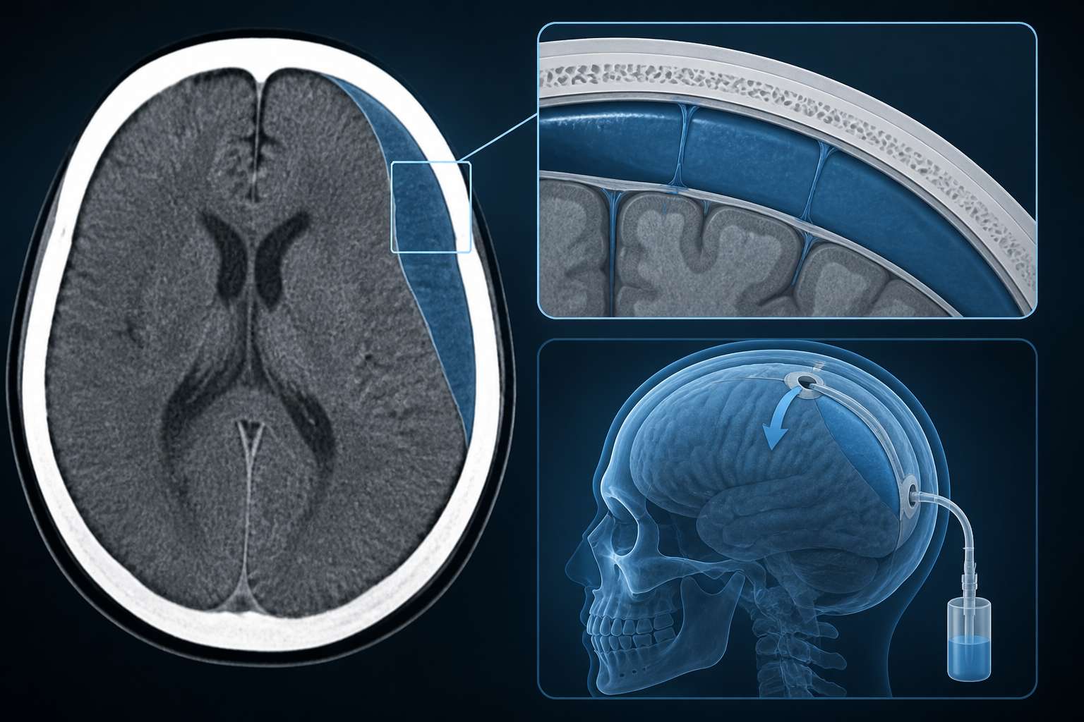 Educational CT-style illustration of chronic subdural haematoma and burr hole concept