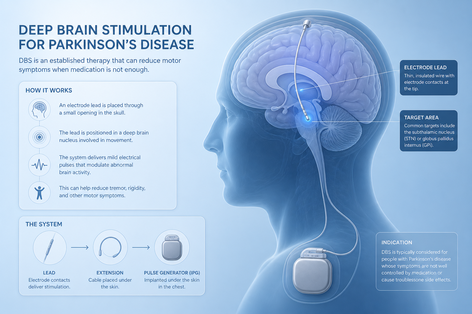 Educational illustration of deep brain stimulation for Parkinson disease