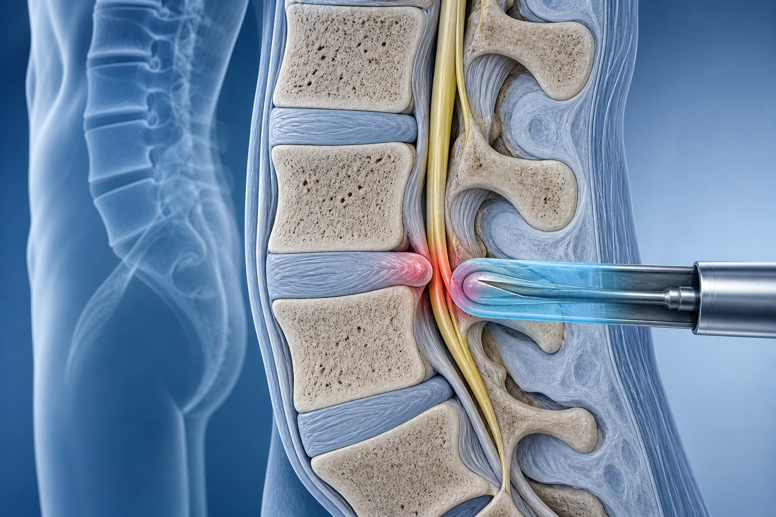 Educational illustration of lumbar disc herniation and nerve compression