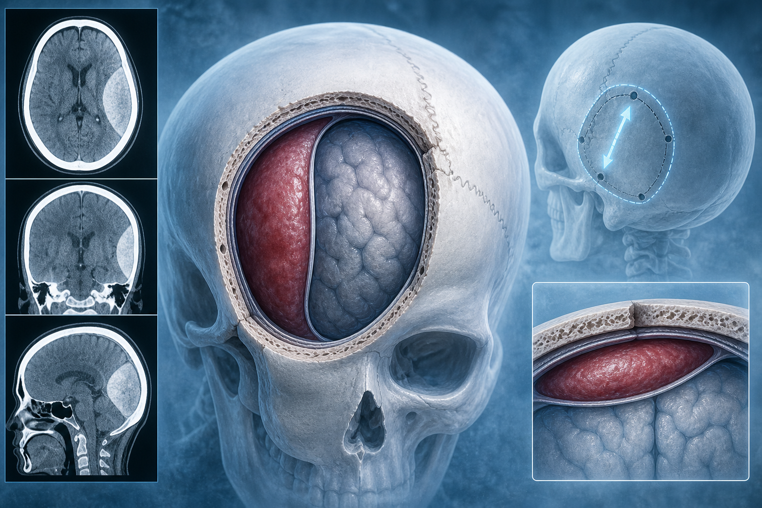 Educational illustration of traumatic epidural haematoma requiring evacuation