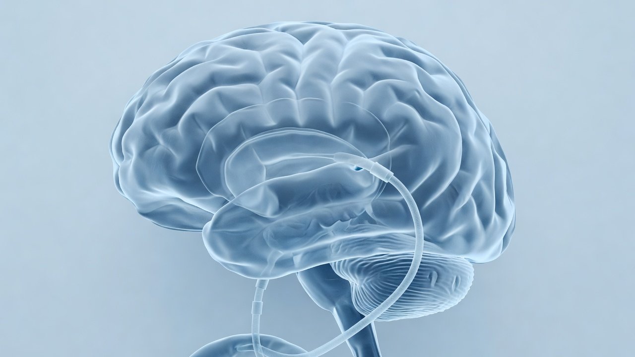 Educational illustration of hydrocephalus ventricles with shunt or ETV pathway