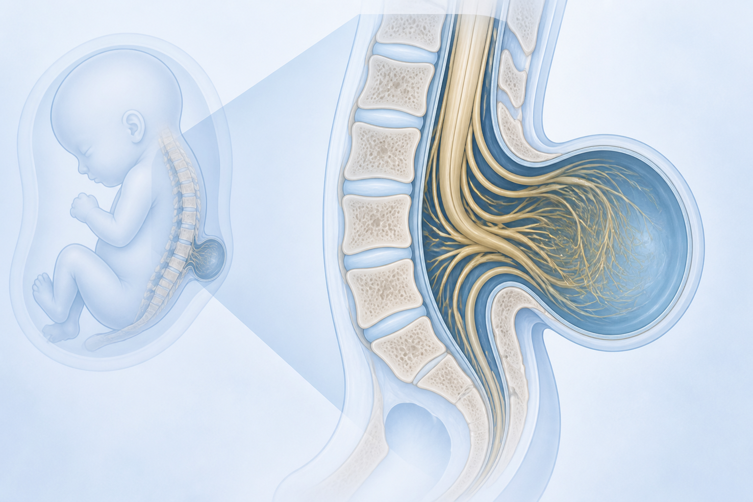 Educational neural tube anatomy diagram for myelomeningocele — no paediatric face