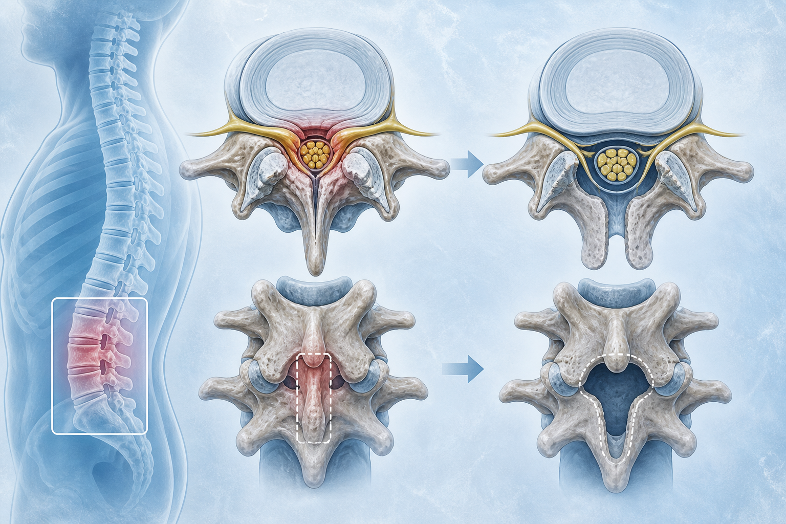 Educational illustration of lumbar spinal stenosis decompression concept