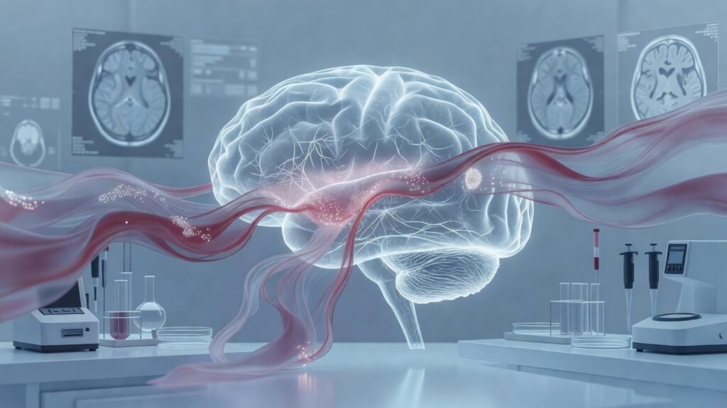 Atmospheric clinical neuroscience illustration related to Blood biomarkers enter routine Alzheimer workup. No patient or physician identity depicted.