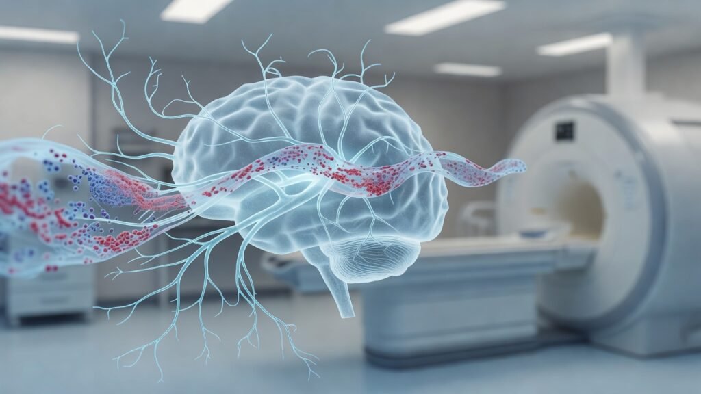 Atmospheric clinical neuroscience illustration related to Blood biomarkers for Alzheimer diagnosis. No patient or physician identity depicted.