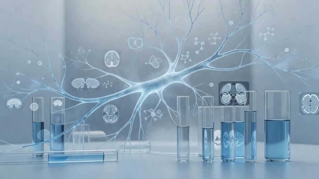 Atmospheric clinical neuroscience illustration related to Blood biomarkers for Alzheimer diagnosis. No patient or physician identity depicted.