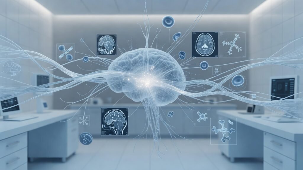 Atmospheric clinical neuroscience illustration related to Blood biomarkers for early Alzheimer diagnosis. No patient or physician identity depicted.