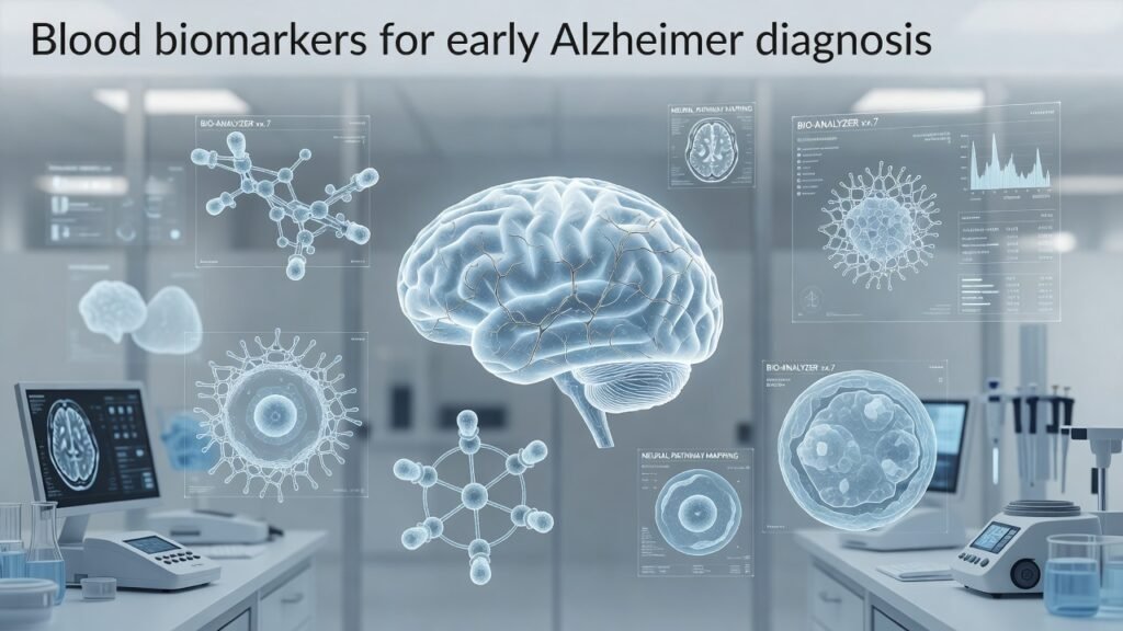 Atmospheric clinical neuroscience illustration related to Blood biomarkers for early Alzheimer diagnosis. No patient or physician identity depicted.