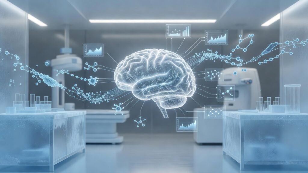 Atmospheric clinical neuroscience illustration related to Blood biomarkers for early Alzheimer diagnosis. No patient or physician identity depicted.