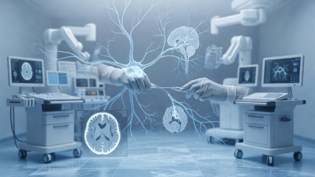 Atmospheric clinical neuroscience illustration related to Expanded Endovascular Thrombectomy in Late-Window Stroke. No patient or physician identity depicted.