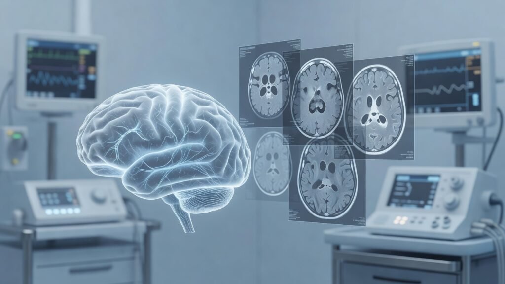 Atmospheric clinical neuroscience illustration related to How to prepare for FCPS neurosurgery exams. No patient or physician identity depicted.