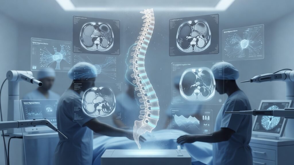 Atmospheric clinical neuroscience illustration related to Latest advances in minimally invasive spine surgery. No patient or physician identity depicted.