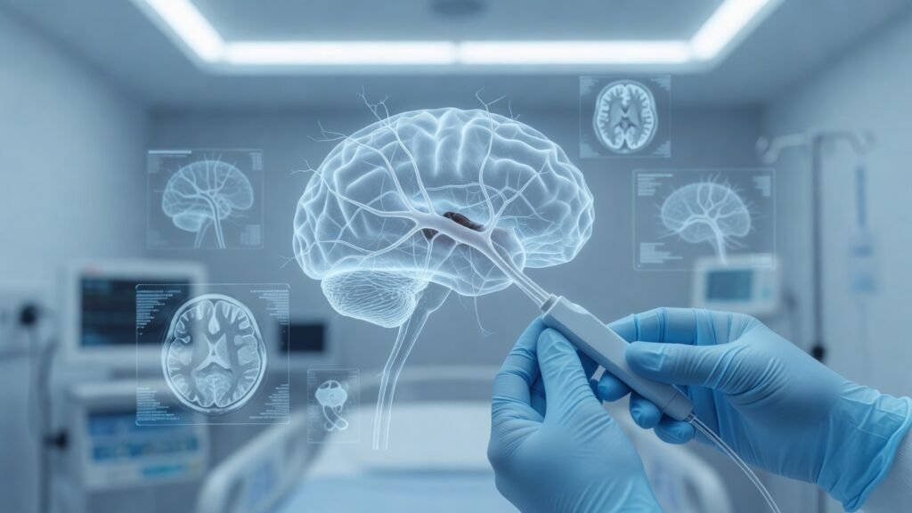Atmospheric clinical neuroscience illustration related to Management of acute ischemic stroke. No patient or physician identity depicted.