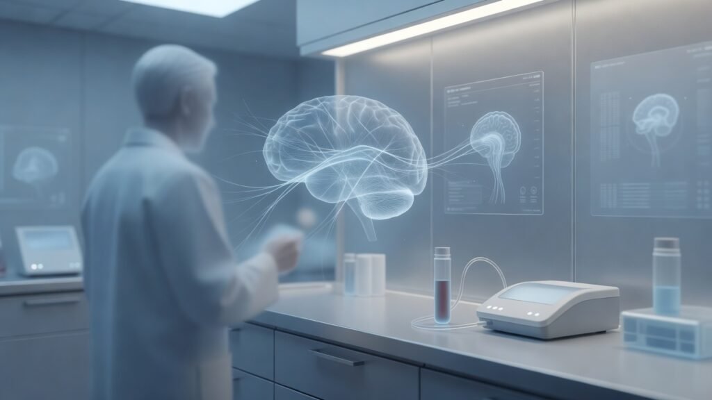 Atmospheric clinical neuroscience illustration related to Plasma p-tau blood tests for Alzheimer's diagnosis. No patient or physician identity depicted.