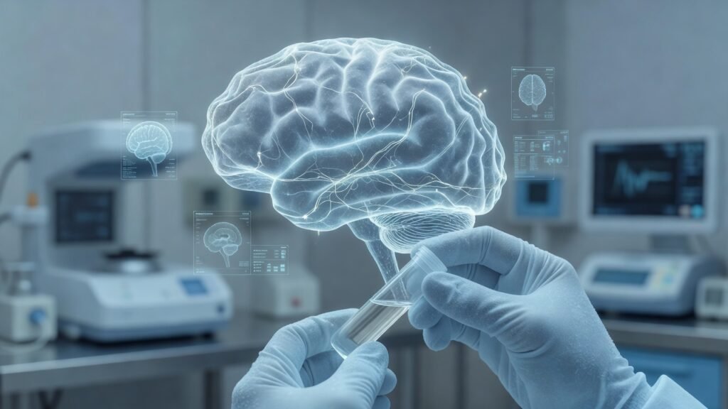 Atmospheric clinical neuroscience illustration related to Plasma p-tau tests for Alzheimer diagnosis. No patient or physician identity depicted.