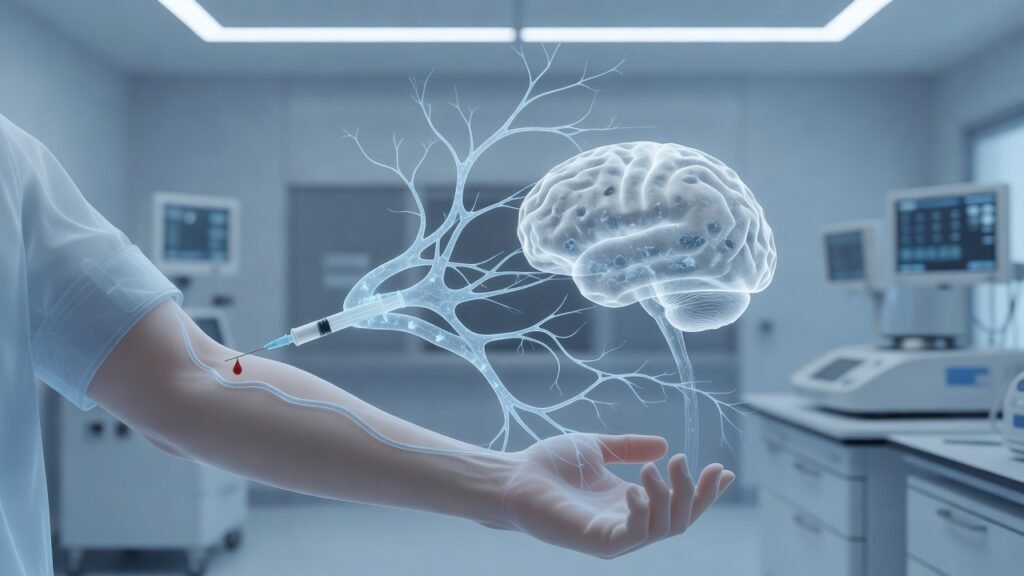 Atmospheric clinical neuroscience illustration related to Plasma p-tau217 blood test for Alzheimer's. No patient or physician identity depicted.