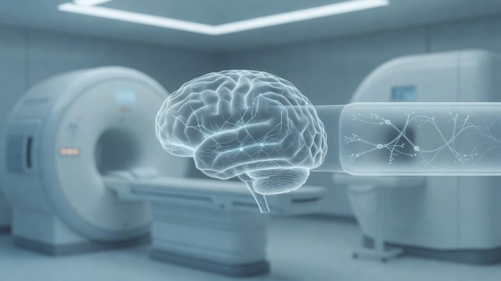 Atmospheric clinical neuroscience illustration related to Plasma p-tau217 blood tests for Alzheimer diagnosis. No patient or physician identity depicted.