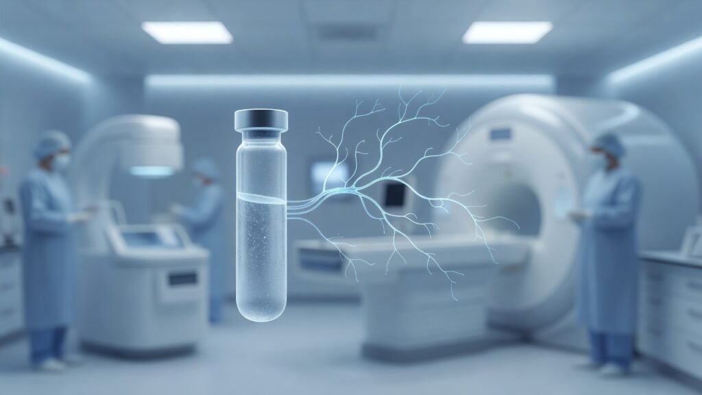 Atmospheric clinical neuroscience illustration related to Plasma p-tau217 blood tests for Alzheimer diagnosis. No patient or physician identity depicted.