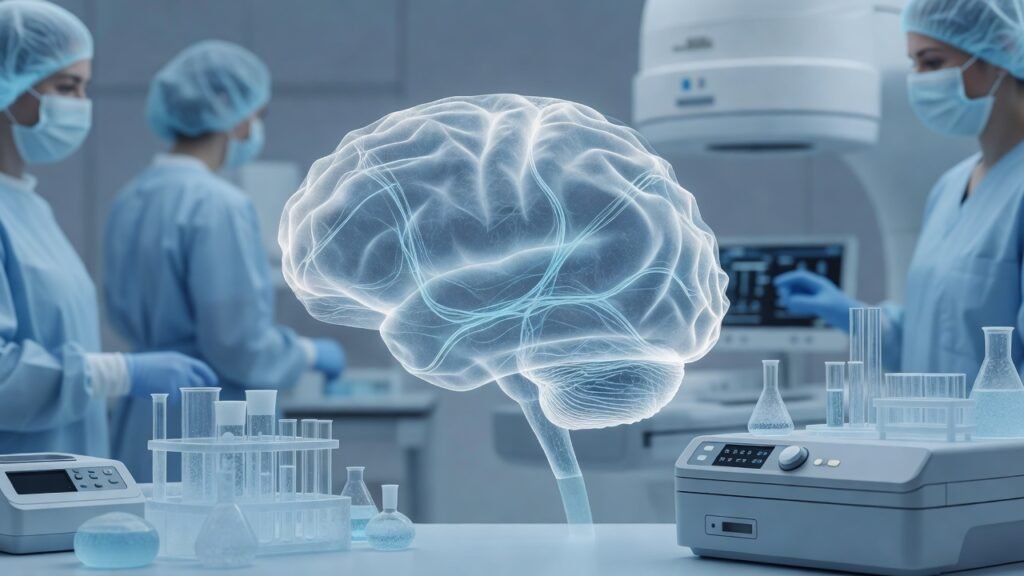 Atmospheric clinical neuroscience illustration related to Plasma p-tau217 for Alzheimer's detection. No patient or physician identity depicted.