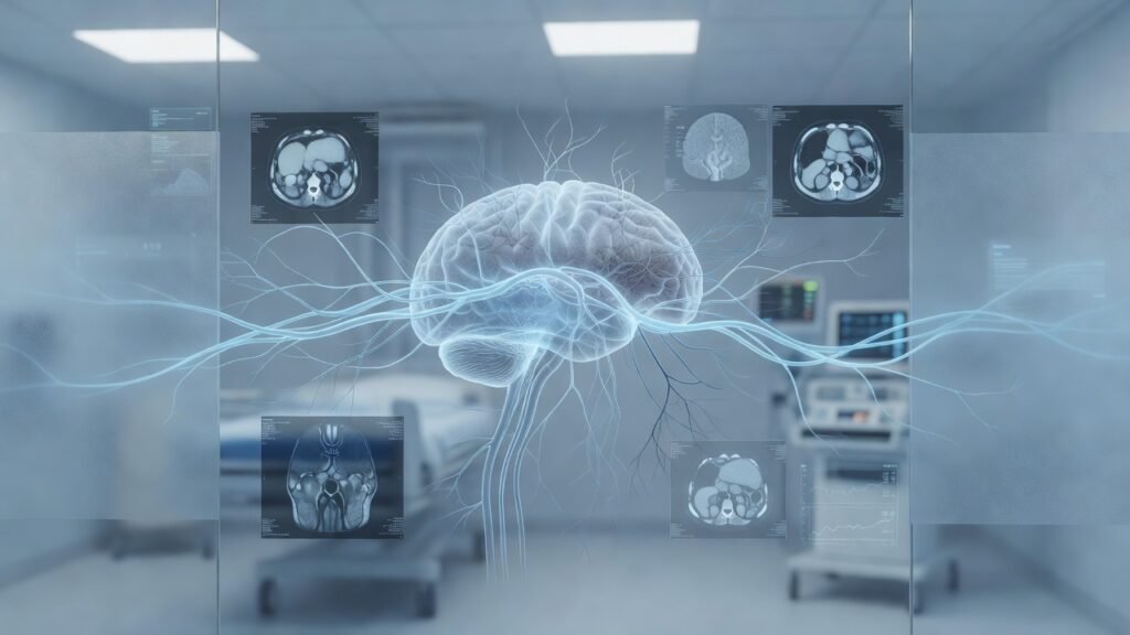 Atmospheric clinical neuroscience illustration related to Tenecteplase in Acute Ischemic Stroke Guidelines. No patient or physician identity depicted.