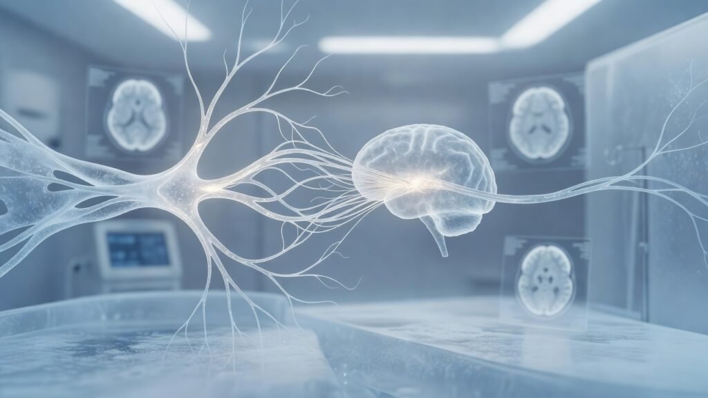 Atmospheric clinical neuroscience illustration related to Tenecteplase preferred for acute ischemic stroke thrombolysis. No patient or physician identity depicted.