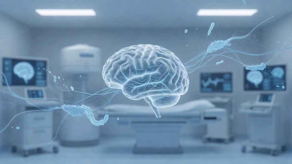 Atmospheric clinical neuroscience illustration related to Tenecteplase Shift in Acute Ischemic Stroke Care. No patient or physician identity depicted.