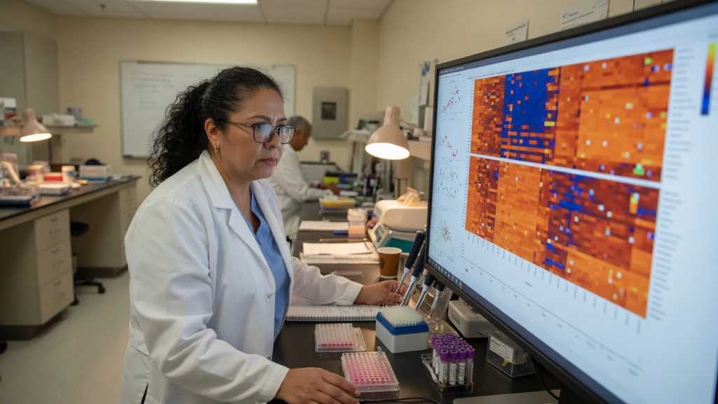 AI-generated conceptual editorial image – not from the cited study / not a clinical photograph. Magazine photojournalism for: Blood RNA patterns flag U1-snRNP repression and miRNA–mRNA hubs before clinical Parkinson’s