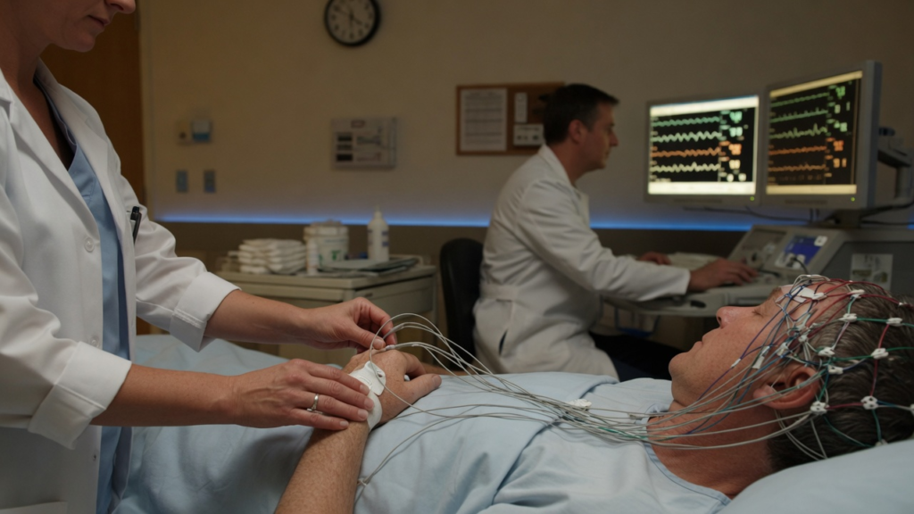 Photoreal documentary editorial photo (European / White adults with varied ordinary features (not c) for: Sleep EEG and AI-estimated “brain age” linked to later dementia risk. AI-generated; not a diagnostic scan.