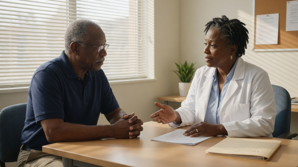 Photoreal documentary editorial photo (Black / African or African-diaspora adults with varied ordin) for: Research highlights a possible immune ‘tipping point’ between Alzheimer pathology and dementia. AI-generated; not a diagnostic scan.