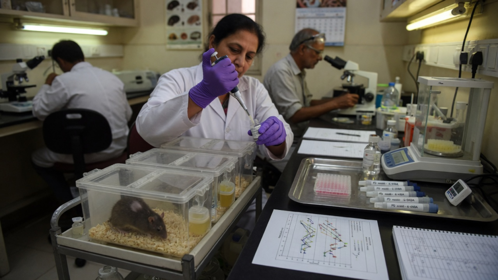 Quercetin nanoparticles show potential effects on neurochemical and motor changes in a rat model of Parkinson’s disease | کویرسیٹن نینو پارٹیکلز پارکنسن کی بیماری کے چوہے ماڈل میں عصبی کیمیائی اور حرکی تبدیلیوں پر ممکنہ اثرات دکھاتے ہیں Photoreal documentary editorial photo for: Quercetin nanoparticles show potential effects on neurochemical and motor changes in a rat model of Parkinsonu2019s disease. AI-generated; not a diagnostic scan.