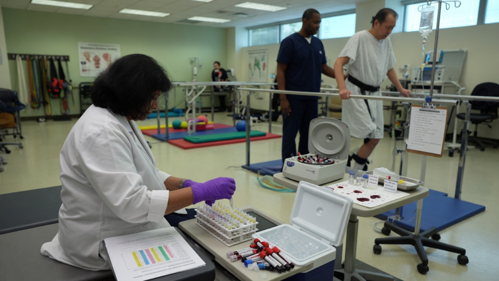 Photoreal documentary editorial photo for: Metabolomics study reports clot-related and body-wide metabolic changes in acute ischemic stroke. AI-generated; not a diagnostic scan. Anonymous generic people.