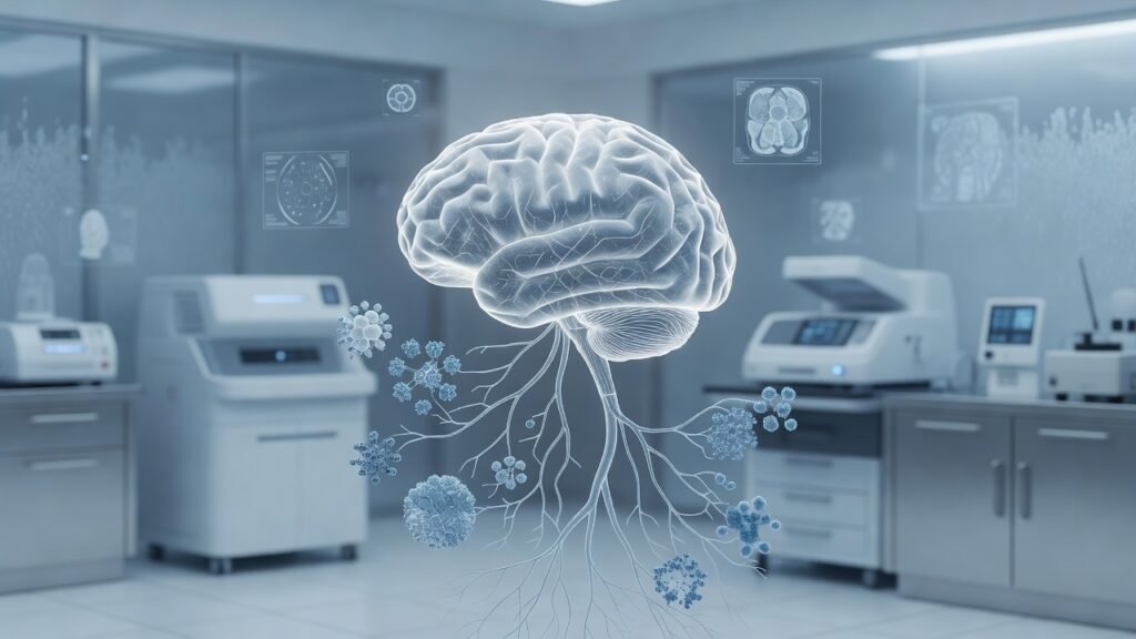 Atmospheric clinical neuroscience illustration related to Blood-based p-tau biomarkers for Alzheimer diagnosis. No patient or physician identity depicted.