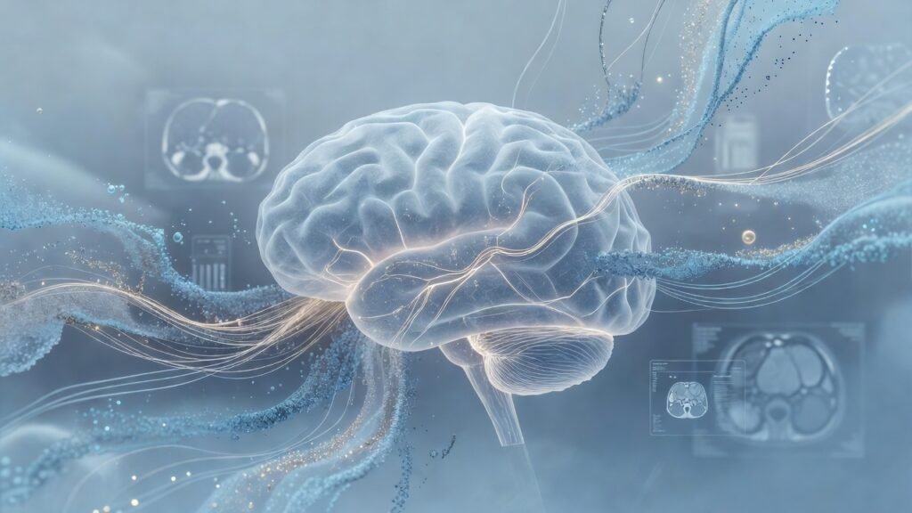 Atmospheric clinical neuroscience illustration related to Blood biomarkers advance early Alzheimer diagnosis. No patient or physician identity depicted.