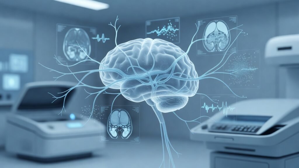 Atmospheric clinical neuroscience illustration related to Blood biomarkers enter routine Alzheimer diagnostic pathways. No patient or physician identity depicted.