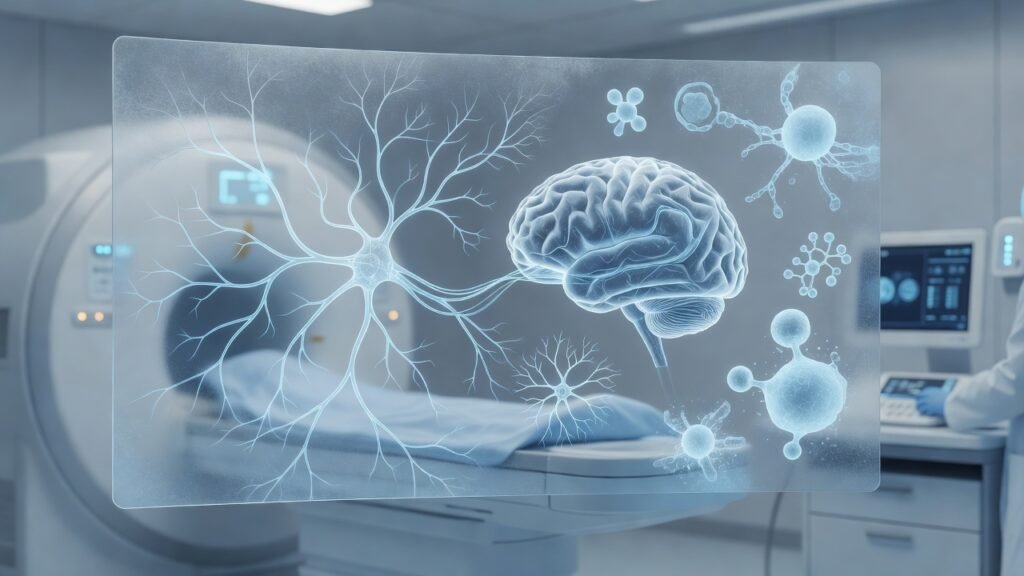 Atmospheric clinical neuroscience illustration related to Blood biomarkers for Alzheimer diagnosis. No patient or physician identity depicted.