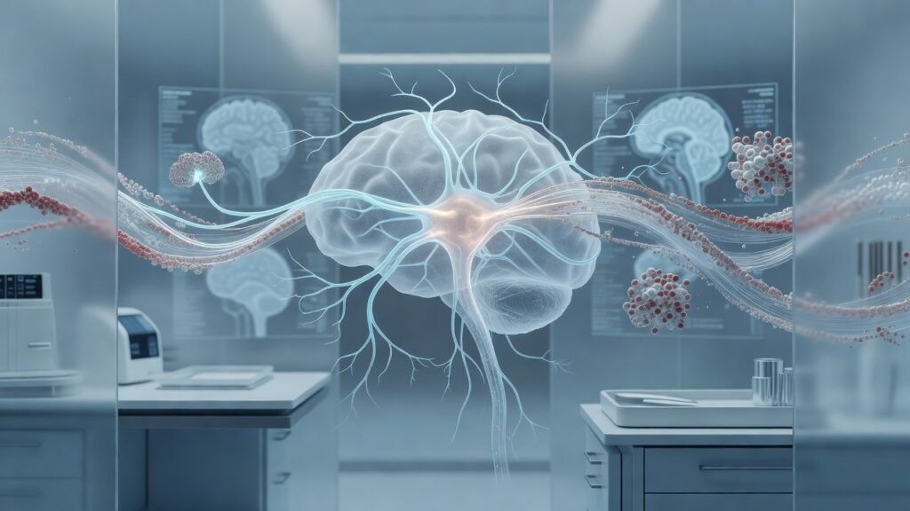 Atmospheric clinical neuroscience illustration related to Blood Biomarkers for Alzheimer's Diagnosis. No patient or physician identity depicted.
