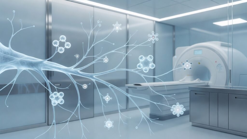 Atmospheric clinical neuroscience illustration related to Blood biomarkers for earlier Alzheimer diagnosis. No patient or physician identity depicted.