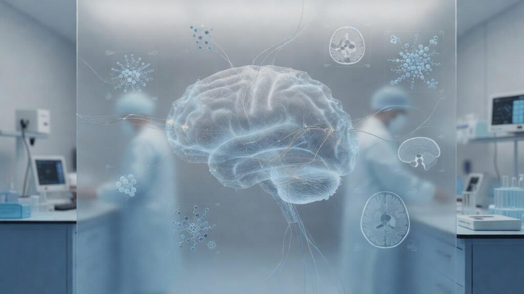 Atmospheric clinical neuroscience illustration related to Blood biomarkers for early Alzheimer diagnosis. No patient or physician identity depicted.